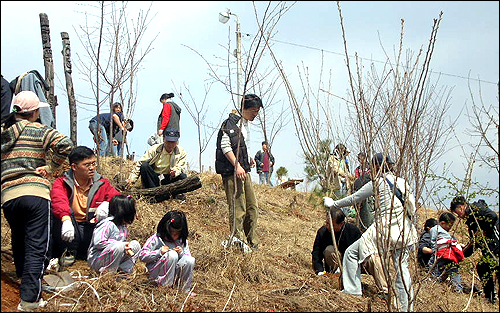  지난 2006년 4월 2일 서울 마포구 성미산 복원을 위한 가족나무심기 장면. 